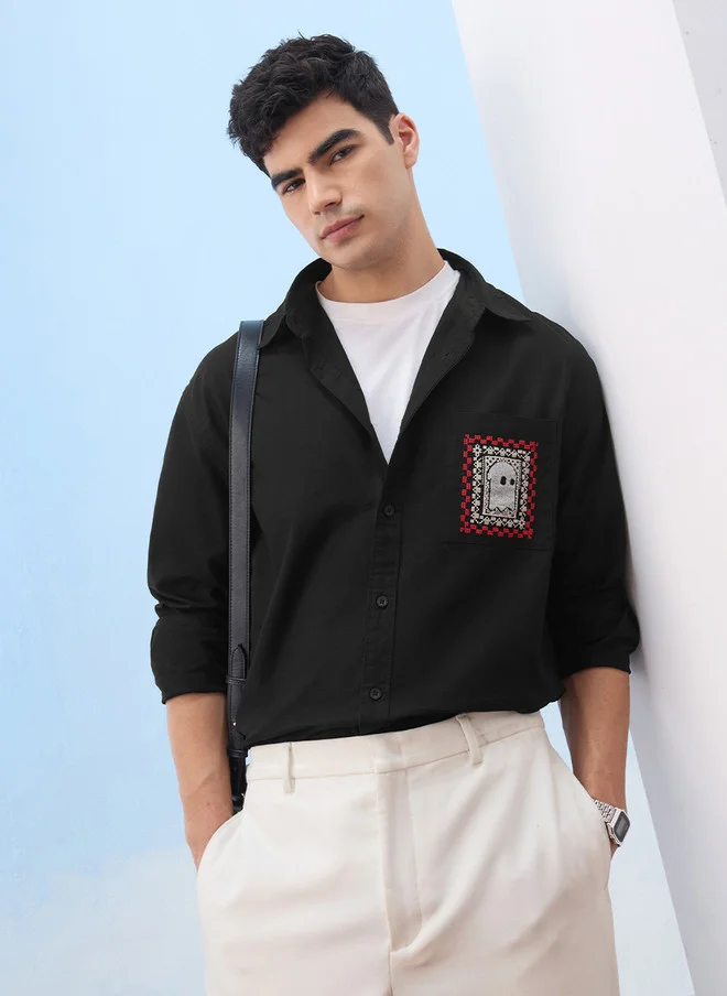 ذا سوليد ستور The Souled Store Men's Black Relaxed Fit Cotton Linen Shirt with Embroidered Pocket