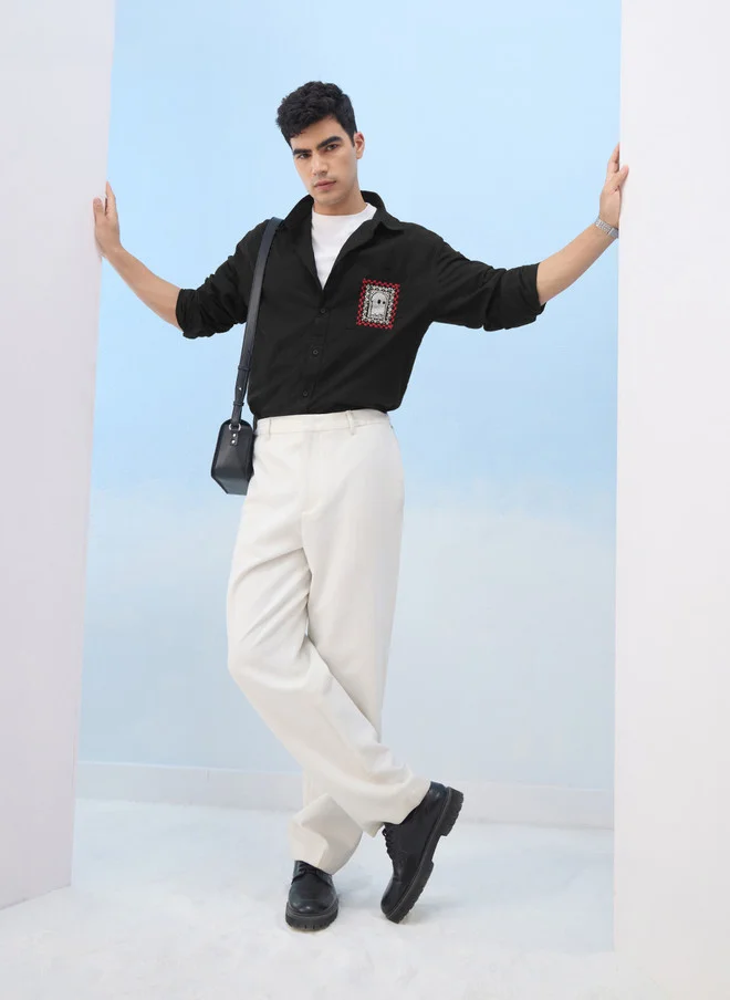 The Souled Store  The Souled Store Men's Black Relaxed Fit Cotton Linen Shirt with Embroidered Pocket  | Best Price UAE