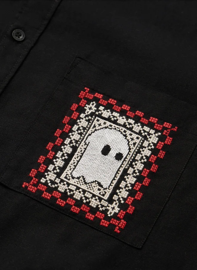 The Souled Store  The Souled Store Men's Black Relaxed Fit Cotton Linen Shirt with Embroidered Pocket  | Best Price UAE