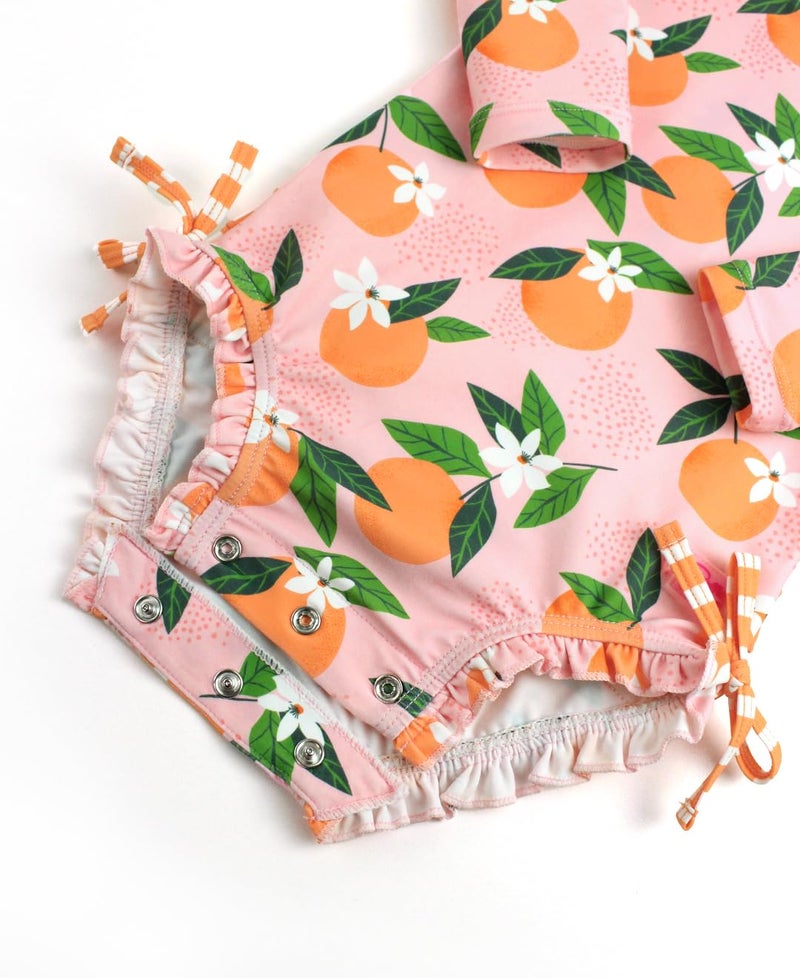 RuffleButts Baby Girls UPF 50+ Sun Protection Novelty Print Long Sleeve One Piece Rash Guard Swimsuit with Zipper - Orange You The Sweetest, 6-12m - Image 5
