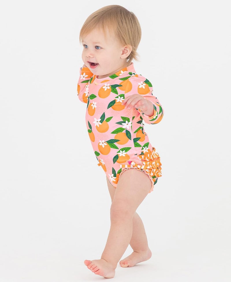 RuffleButts Baby Girls UPF 50+ Sun Protection Novelty Print Long Sleeve One Piece Rash Guard Swimsuit with Zipper - Orange You The Sweetest, 6-12m - Image 2