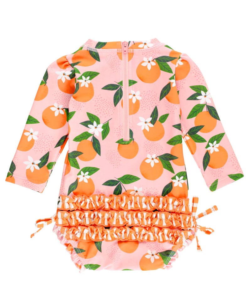 RuffleButts Baby Girls UPF 50+ Sun Protection Novelty Print Long Sleeve One Piece Rash Guard Swimsuit with Zipper - Orange You The Sweetest, 6-12m - Image 3