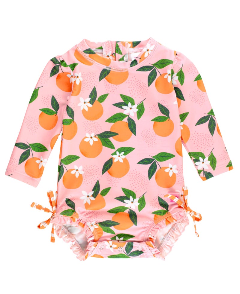 RuffleButts Baby Girls UPF 50+ Sun Protection Novelty Print Long Sleeve One Piece Rash Guard Swimsuit with Zipper - Orange You The Sweetest, 6-12m - Image 1