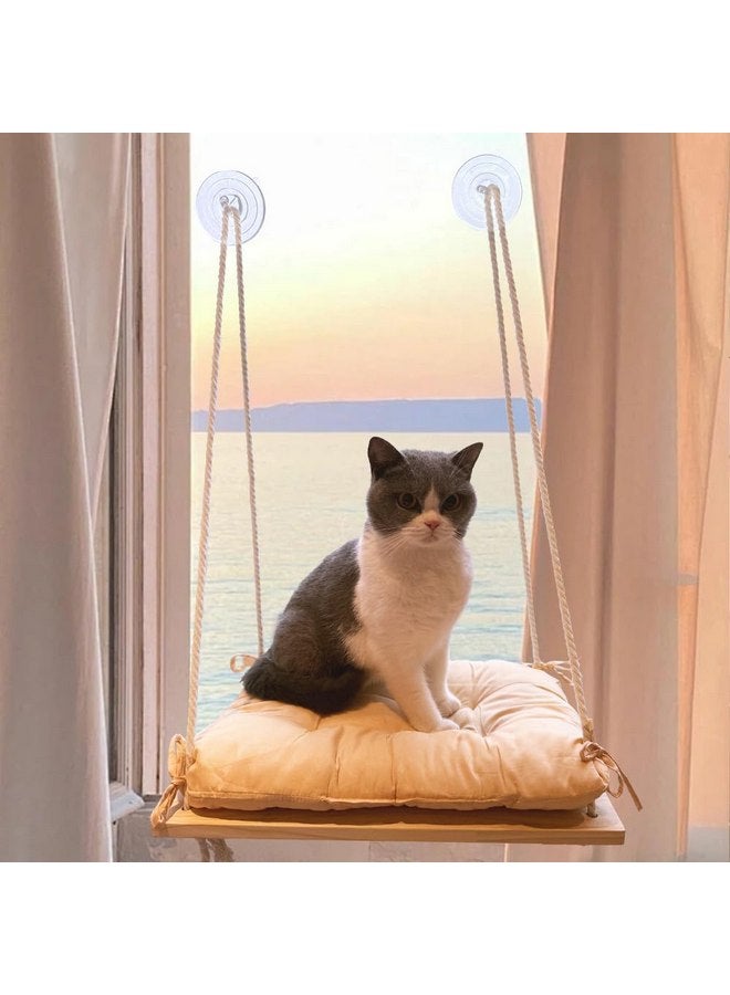 Generic Cat Window Perch, Cat Window Rack with Gunny Rope and Thick Cushion, Wooden Cat Window Hammock, Furniture for Cats - Hanging Window Shelf for Cats  - Image 1