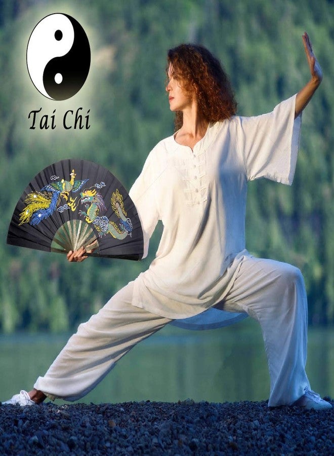 OMyTea Bamboo Large Rave Folding Hand Fan for Men/Women - Chinese Japanese Kung Fu Tai Chi Handheld Fan with Fabric Case - for Performance, Decorations, Dancing, Festival, Gift (Dragon & Phoenix) - Image 4