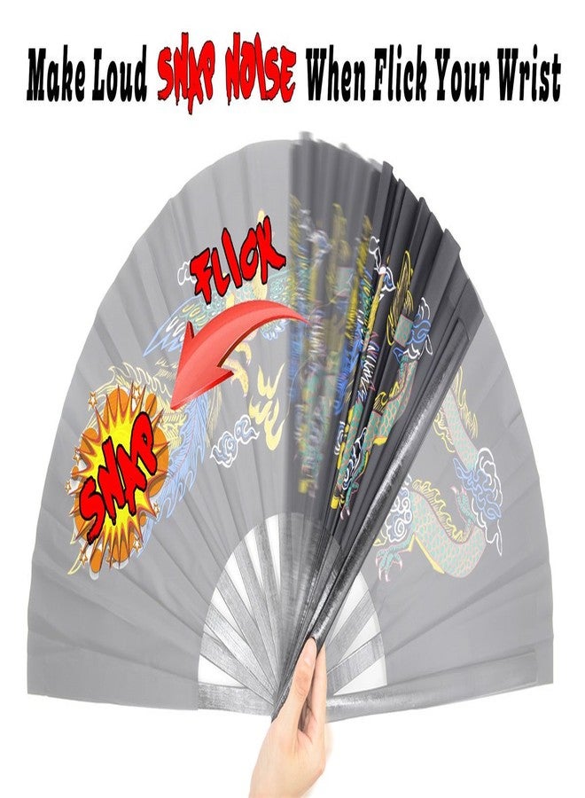 OMyTea Bamboo Large Rave Folding Hand Fan for Men/Women - Chinese Japanese Kung Fu Tai Chi Handheld Fan with Fabric Case - for Performance, Decorations, Dancing, Festival, Gift (Dragon & Phoenix) - Image 3