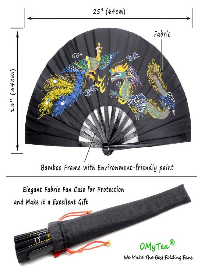 OMyTea Bamboo Large Rave Folding Hand Fan for Men/Women - Chinese Japanese Kung Fu Tai Chi Handheld Fan with Fabric Case - for Performance, Decorations, Dancing, Festival, Gift (Dragon & Phoenix) - Image 2