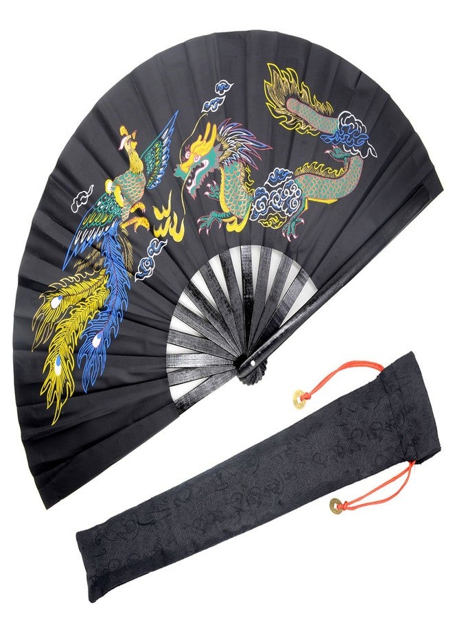 OMyTea Bamboo Large Rave Folding Hand Fan for Men/Women - Chinese Japanese Kung Fu Tai Chi Handheld Fan with Fabric Case - for Performance, Decorations, Dancing, Festival, Gift (Dragon & Phoenix) - Image 1