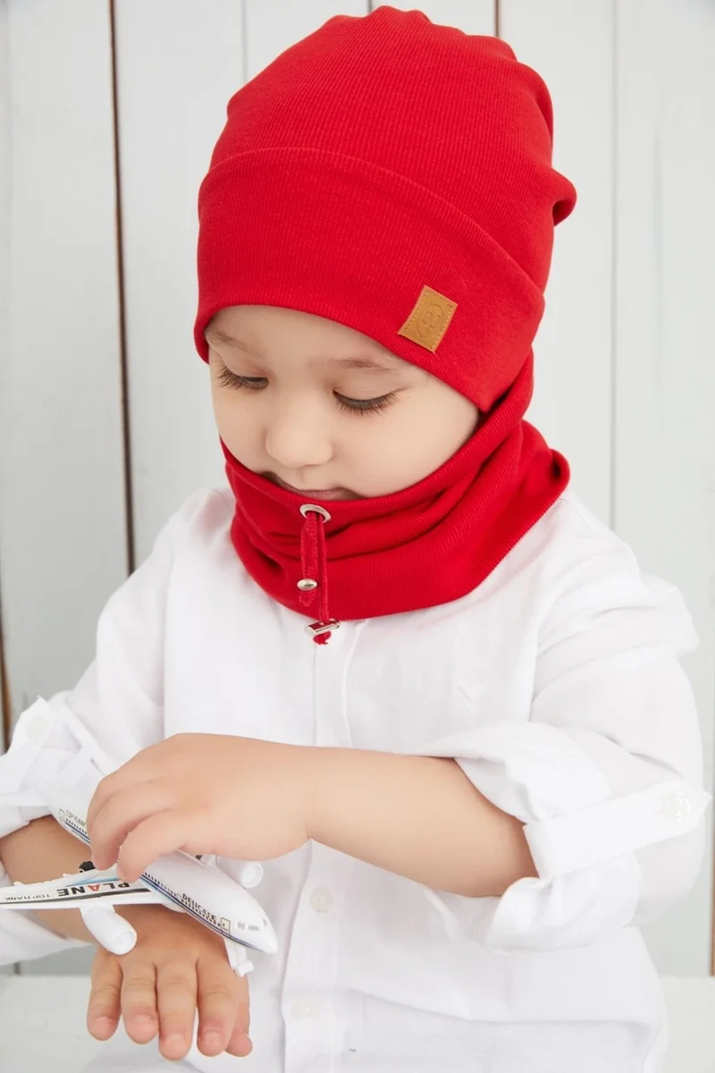 Babygiz Red Boy's Rope Hat Beanie Neck Collar Set Cotton Camisole