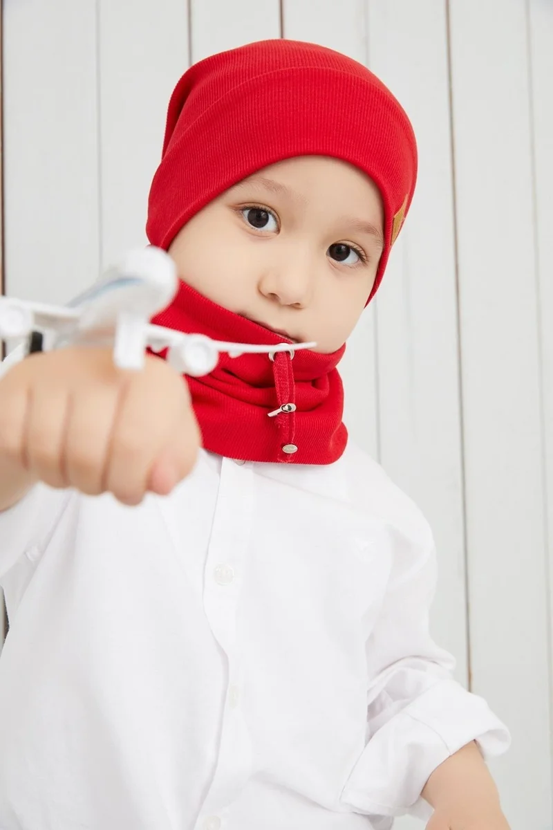 Babygiz Red Boy's Rope Hat Beanie Neck Collar Set Cotton Camisole