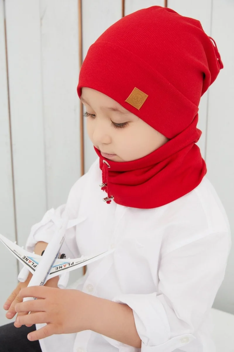 Babygiz Red Boy's Rope Hat Beanie Neck Collar Set Cotton Camisole