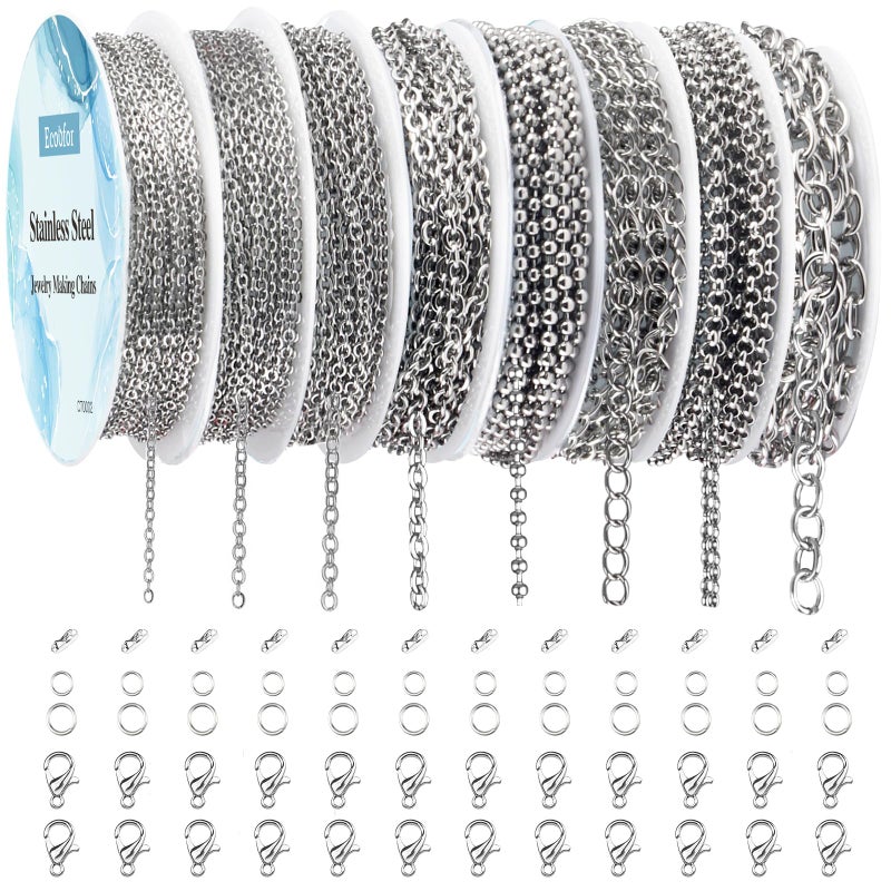 Ecoofor Necklace Chains for Jewelry Making, 62.3 Feet 8 Rolls 304 Stainless Steel Jewelry Chains for DIY Necklace Bracelet Jewelry Making with Stainless Steel Jump Rings/Lobster Clasps/Connectors - Image 1
