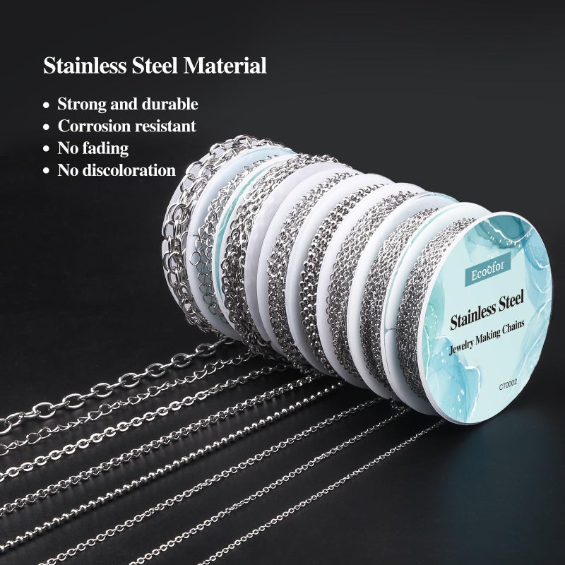 Ecoofor Necklace Chains for Jewelry Making, 62.3 Feet 8 Rolls 304 Stainless Steel Jewelry Chains for DIY Necklace Bracelet Jewelry Making with Stainless Steel Jump Rings/Lobster Clasps/Connectors - Image 4