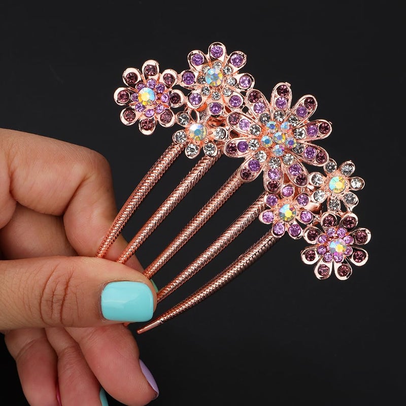 Chargances Bridal Purple Flower Crystal Hair Comb Boho Rhinestone Gem Side Comb Decorative Fashion Hair Accessories Headpiece for Women and Girls Purple