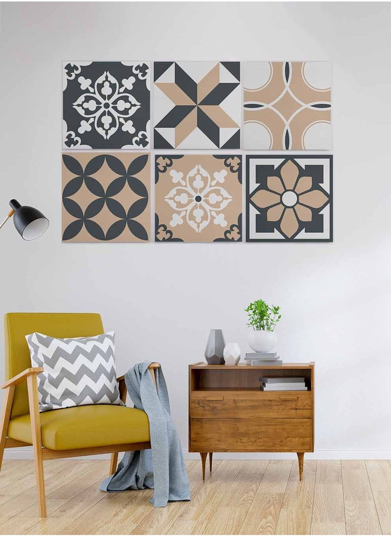 LOWHA Set Of 6 Framed Square Canvas Wall Arts Stretched Over Wooden Frame, Vintage Decorative Seamless Painting, For Home, Living Room, Office Decor  - Image 3