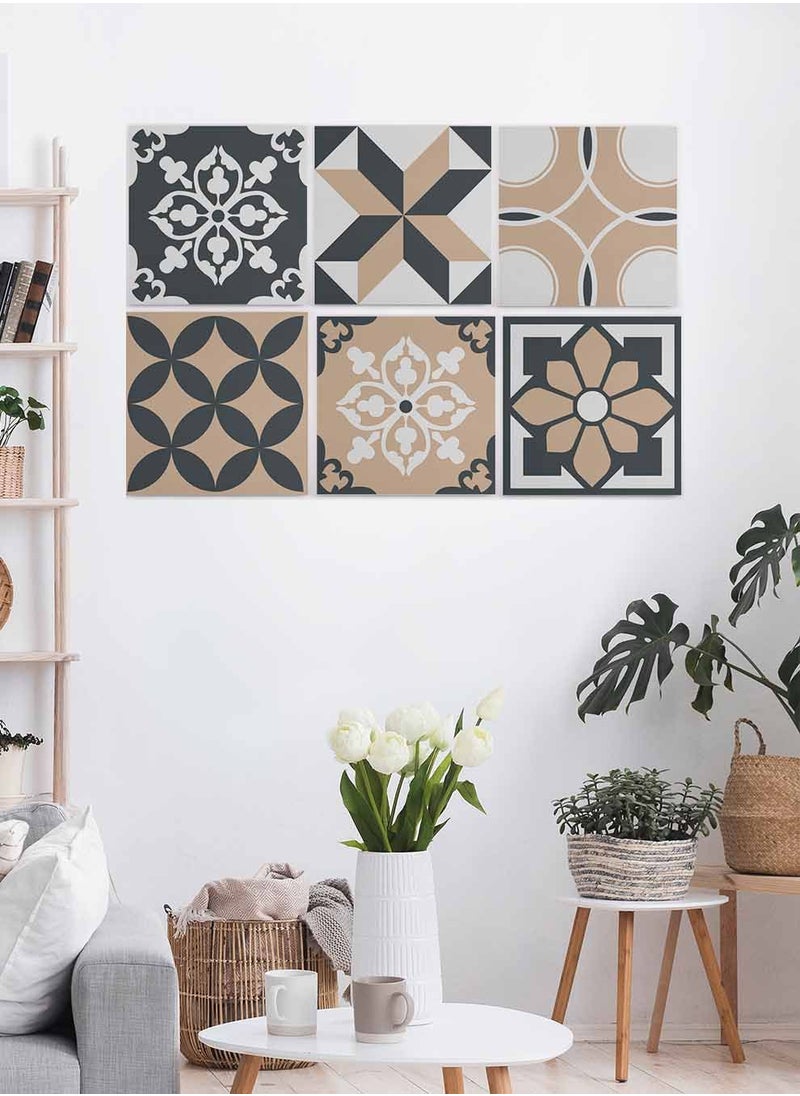 LOWHA Set Of 6 Framed Square Canvas Wall Arts Stretched Over Wooden Frame, Vintage Decorative Seamless Painting, For Home, Living Room, Office Decor  - Image 4