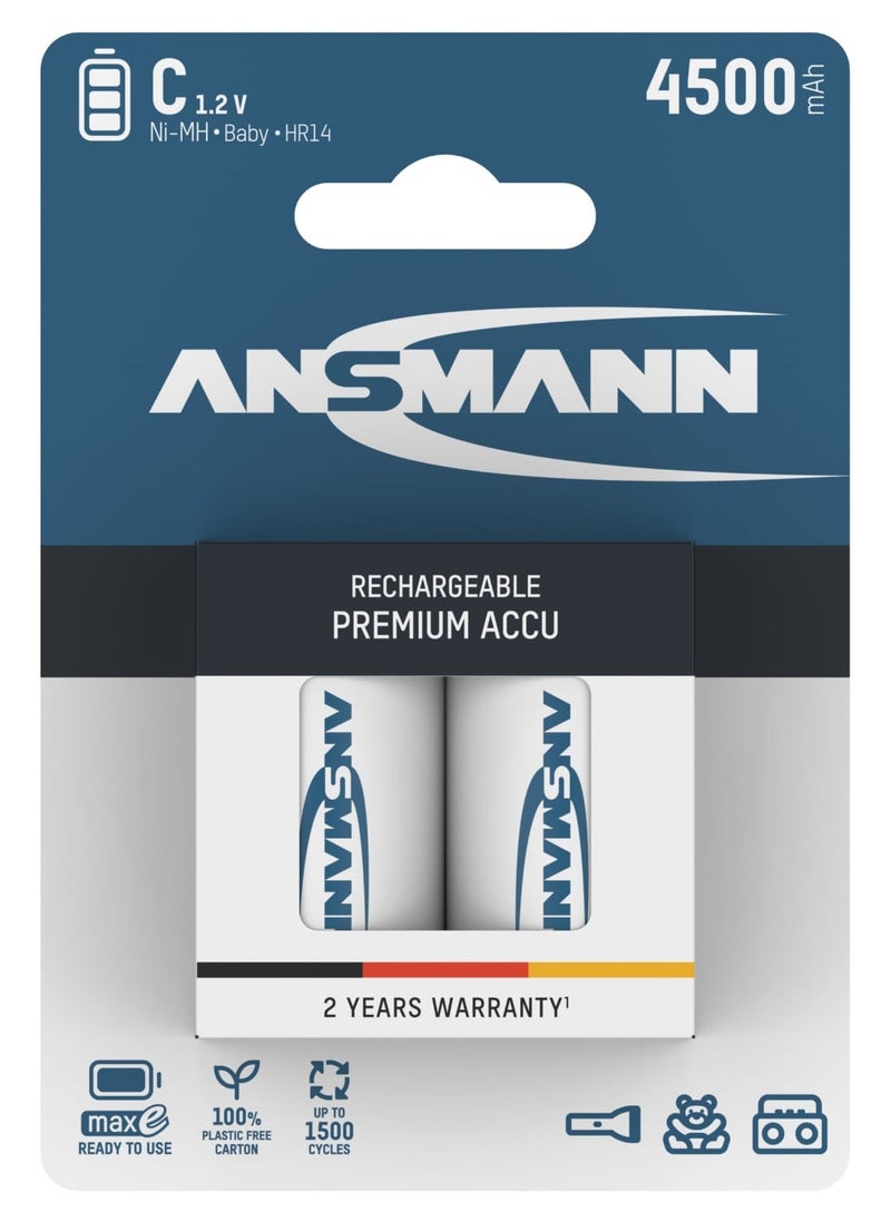 ANSMANN Battery C 4500 Mah Nimh 1.2 V (2 Pieces) - Baby C Batteries Rechargeable, High Capacity And Maxe Low Self-Discharge For High Power Requirements And Years Of Use  - Image 1