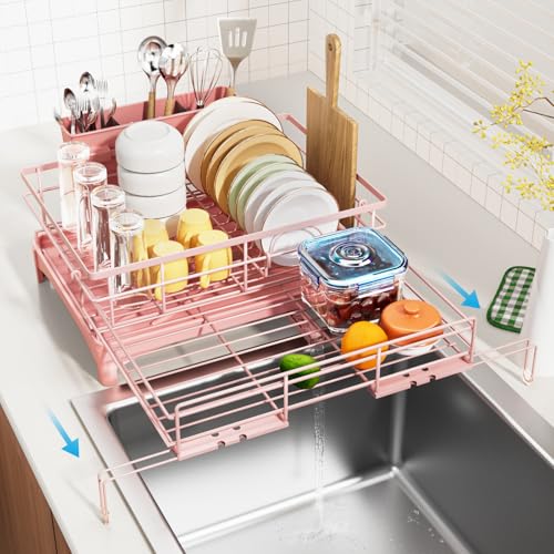 Laveshop Dish Drying Rack Expandable Rack Large Capacity Dish Drainer for Kitchen Counter RustProof with Utensil Holder Pink - Image 1