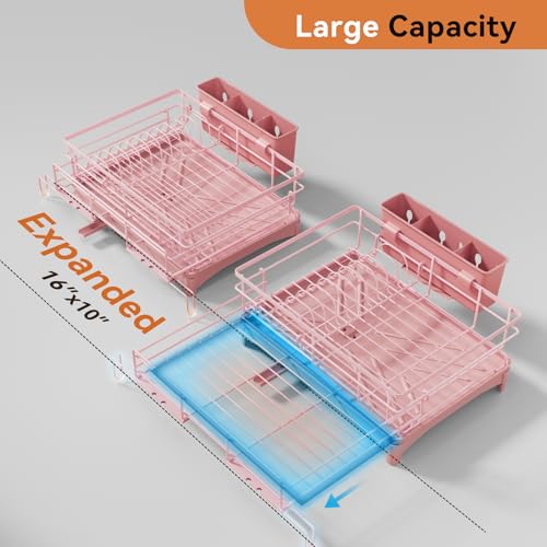 Laveshop Dish Drying Rack Expandable Rack Large Capacity Dish Drainer for Kitchen Counter RustProof with Utensil Holder Pink - Image 3