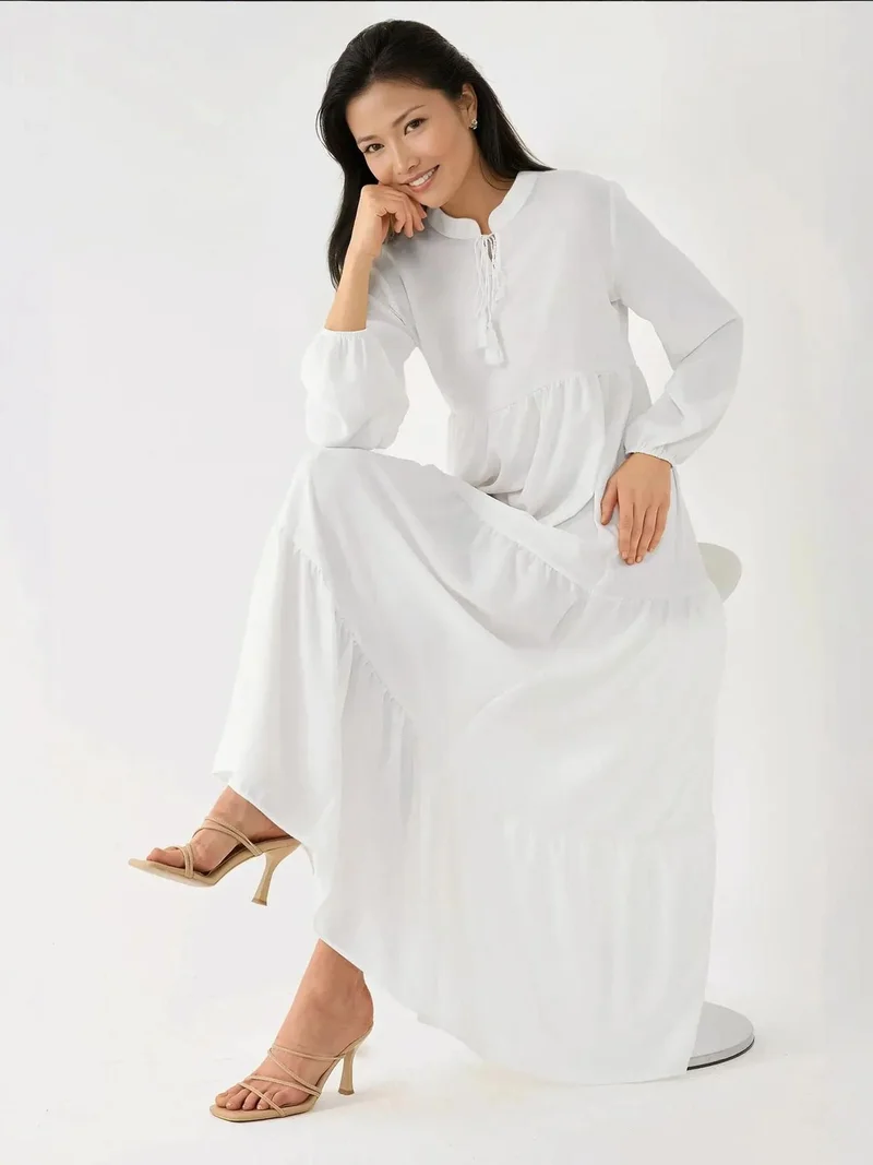 HICCUP Textured Crew Neck Maxi Dress with Buttons