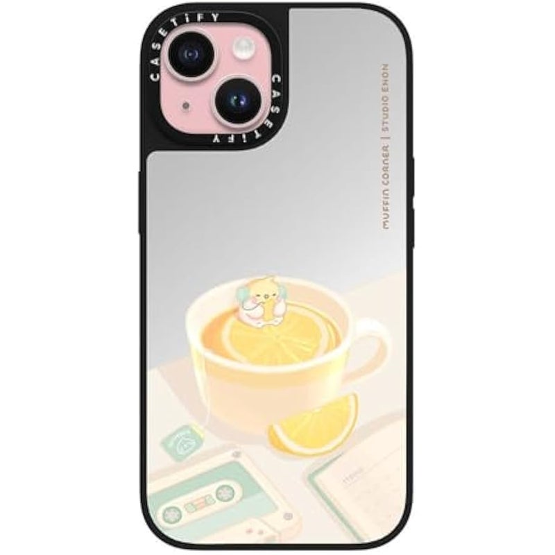 Casetify Mirror iPhone 15 Case 【Reflective / 4.9ft Drop Protection/Compatible with Magsafe】 - Lemon Lo-fi by Muffin Corner - Silver on Black - Image 1