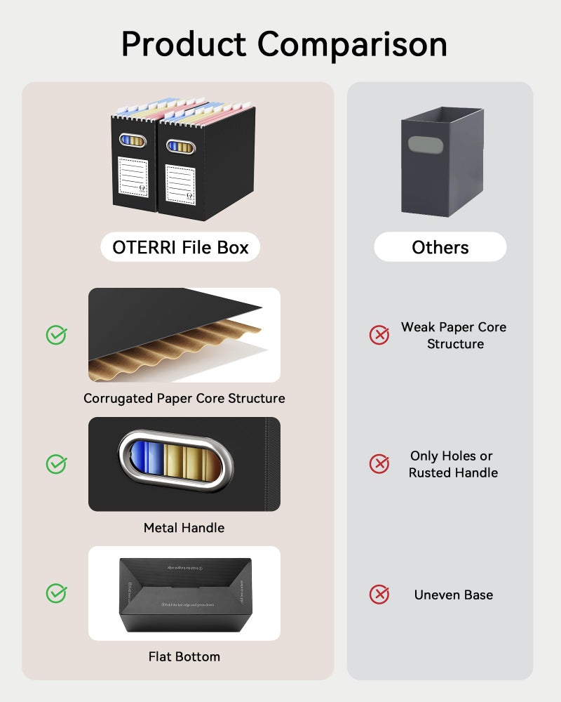 Oterri File Organizer Box, Portable Collapsible Cardboard File Folder Organizer with Handle for Letter Size Hanging Files, Document Storage Box for Home Office & Classroom (4 Packs, Black) - Image 5
