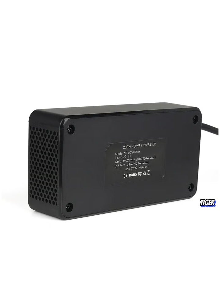 TIGER 200W Car Inverter 12V DC to 220V AC Power Adapter with 2 USB-A and 2 Type-C Ports for Laptop, Smartphone, Tablet, and Other Devices – Compact, Efficient, and Portable Car Charger  - Image 2