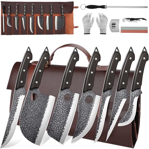 ROCOCO 13PCS Butcher Cleaver Knife Set for Meat Cutting Serbian Chef Viking Boning Knife with Roll Bag for Kitchen Outdoor BBQ Camping Birthday Christmas Father Mother Gift Idea Men - Image 1