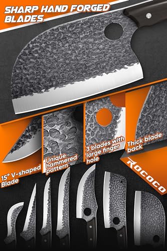 ROCOCO 13PCS Butcher Cleaver Knife Set for Meat Cutting Serbian Chef Viking Boning Knife with Roll Bag for Kitchen Outdoor BBQ Camping Birthday Christmas Father Mother Gift Idea Men - Image 3