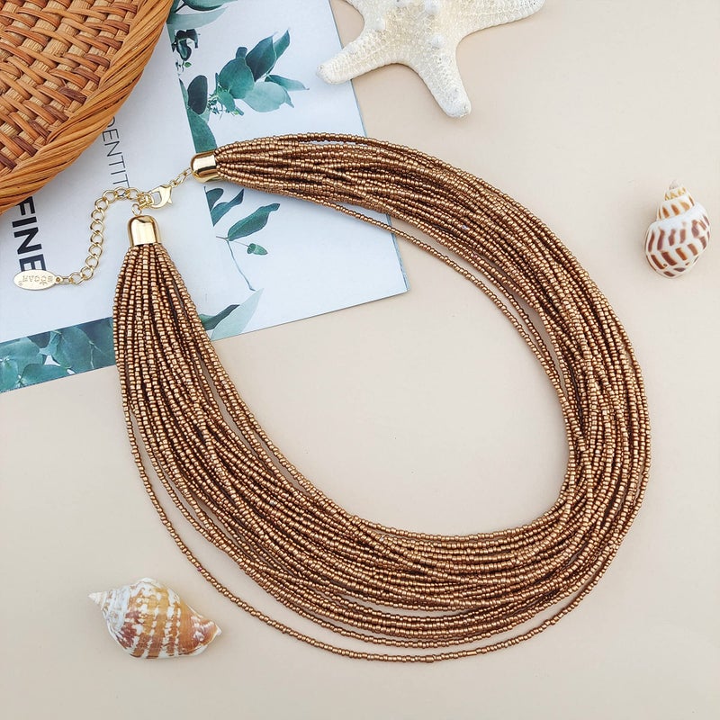 Bocar Multi Layer Chunky Bib Statement Seed Beads Cluster Collar Necklace for Women Gift (NK-10351) (light tan) - Image 3
