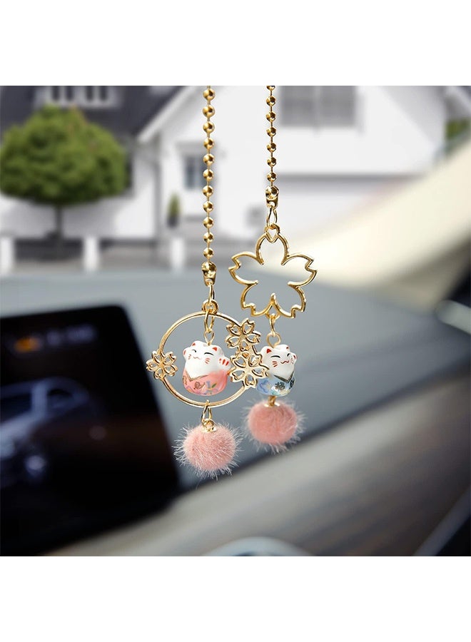 Pair of Lucky Cat Car Interior Mirror Hanging Accessories Car Decor Mini Porcelain Maneki Neko Dangle Charm (Sakura Lucky Cat) - Image 1