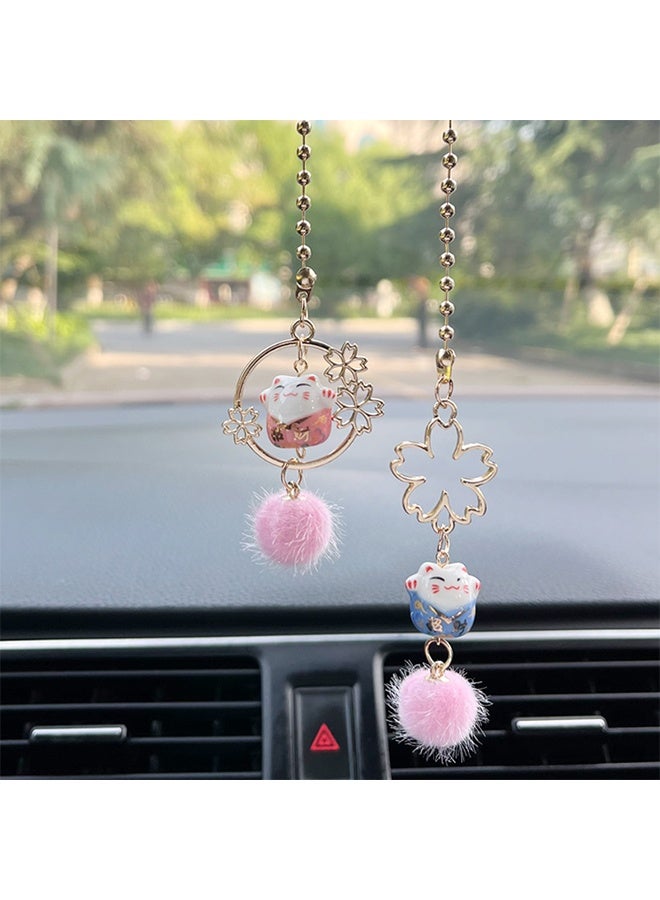 Pair of Lucky Cat Car Interior Mirror Hanging Accessories Car Decor Mini Porcelain Maneki Neko Dangle Charm (Sakura Lucky Cat) - Image 2