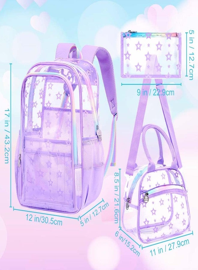 gxtvo 3PCS Clear School Backpack Heavy-Duty Set for Women & Teen Girls, 17" Purple See Through Bookbag with Rainbow Strap, Cute Star Transparent Bag - Image 4