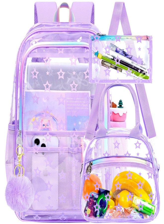 gxtvo 3PCS Clear School Backpack Heavy-Duty Set for Women & Teen Girls, 17" Purple See Through Bookbag with Rainbow Strap, Cute Star Transparent Bag - Image 1