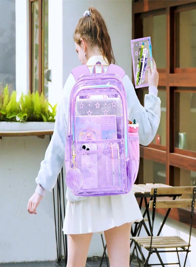 gxtvo 3PCS Clear School Backpack Heavy-Duty Set for Women & Teen Girls, 17" Purple See Through Bookbag with Rainbow Strap, Cute Star Transparent Bag - Image 2