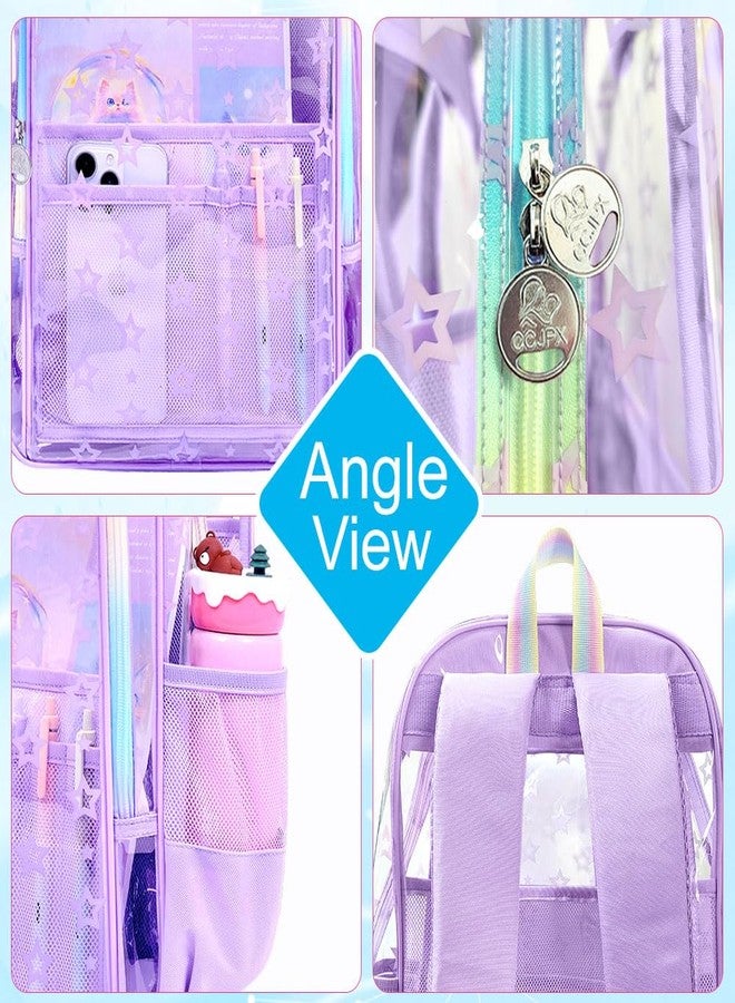 gxtvo 3PCS Clear School Backpack Heavy-Duty Set for Women & Teen Girls, 17" Purple See Through Bookbag with Rainbow Strap, Cute Star Transparent Bag - Image 5