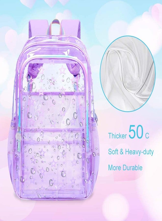 gxtvo 3PCS Clear School Backpack Heavy-Duty Set for Women & Teen Girls, 17" Purple See Through Bookbag with Rainbow Strap, Cute Star Transparent Bag - Image 3