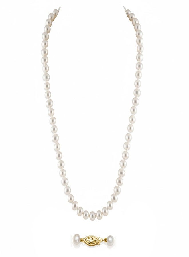 Belacqua Natural Round Cultured Freshwater Real Pearl Necklace in 10K Yellow Gold, 6.0-7.0mm AAA Quality Pearls, 18 Inches Length, Fishhook Clasp, Jewelry for Women, Gift Box Included - Image 1