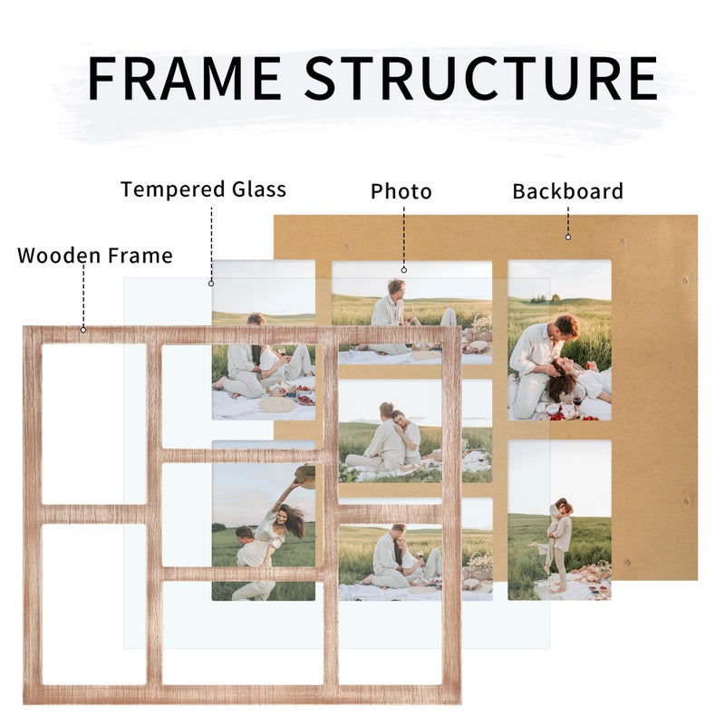 YESKAY 4x6 Picture Frame Collage for Wall Decor, Multiple Photo Collage Frames with Tempered Glass, 7-Opening for 4 x 6 Picture Frames, Rustic Brown, 1 Pack - Image 3