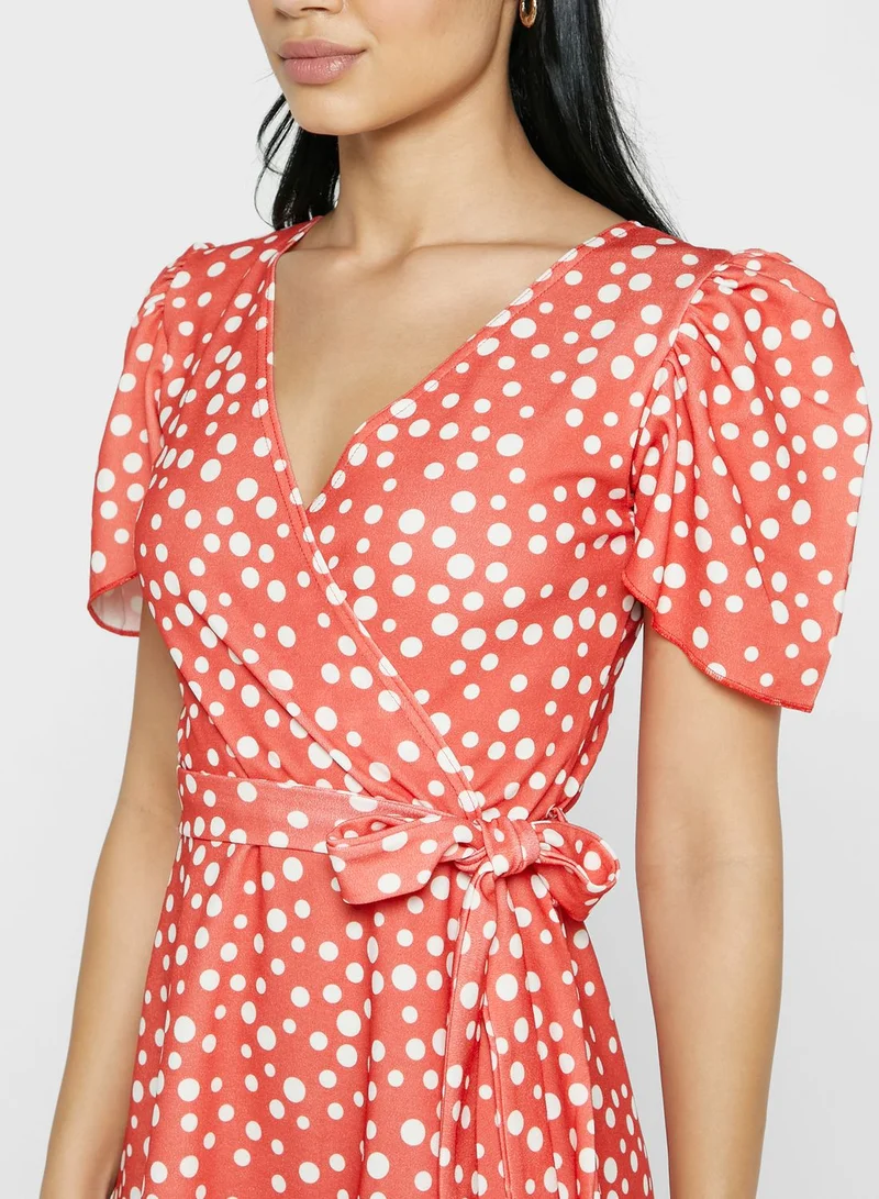 LASULA Plunge Neck Wrap Printed Dress