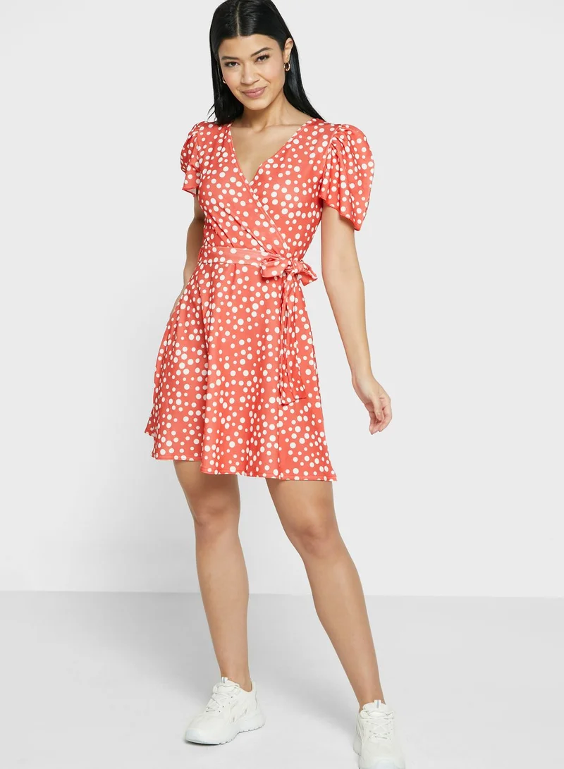 LASULA Plunge Neck Wrap Printed Dress