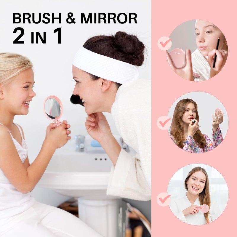 RHOS Folding Brush with Mirror for Women, Girls - Compact Pocket Portable Hair Brush with Soft Nylon Bristles for Purse and Travel (Pink) - Image 3