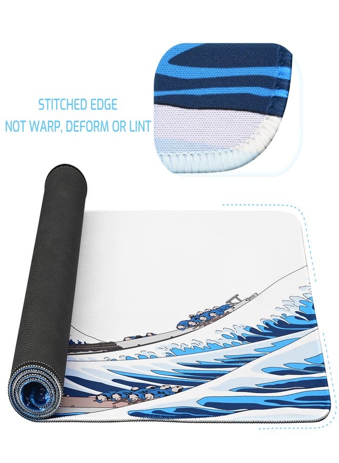 Tofun 31.4"x11.8"Extended Large Gaming Mouse Pad,XL Large Non-Slip Rubber Base Mousepad with Stitched Edges,Waterproof Keyboard Mouse Mat Desk Pad,Japanese Sea Wave, White and Blue Tones - Image 4