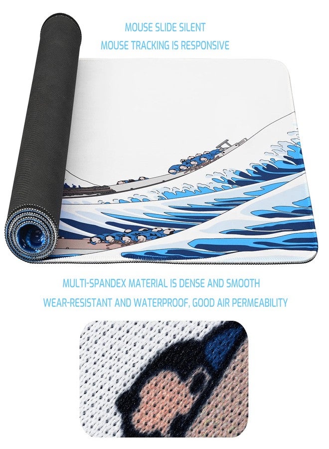 Tofun 31.4"x11.8"Extended Large Gaming Mouse Pad,XL Large Non-Slip Rubber Base Mousepad with Stitched Edges,Waterproof Keyboard Mouse Mat Desk Pad,Japanese Sea Wave, White and Blue Tones - Image 5