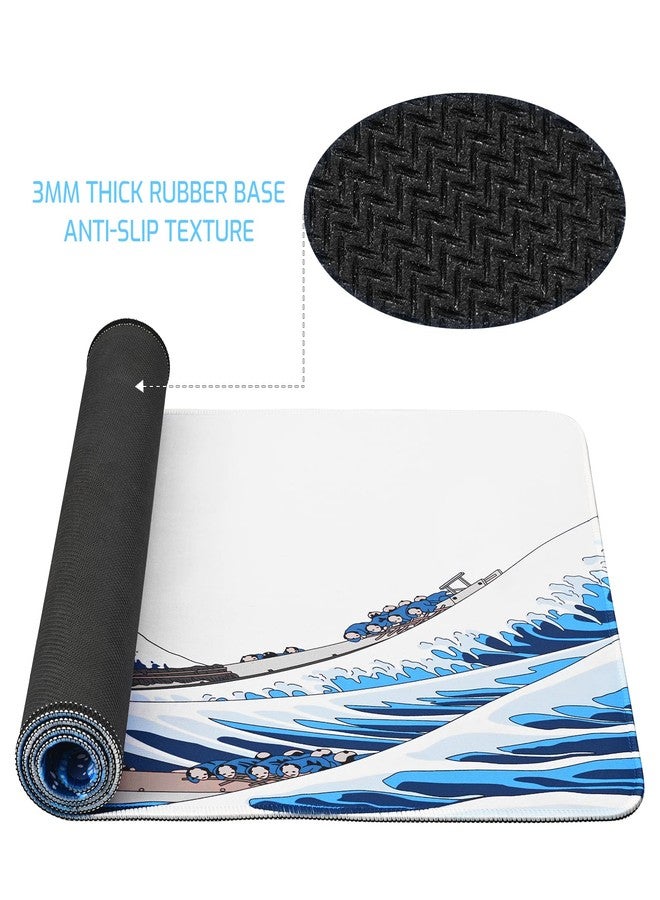 Tofun 31.4"x11.8"Extended Large Gaming Mouse Pad,XL Large Non-Slip Rubber Base Mousepad with Stitched Edges,Waterproof Keyboard Mouse Mat Desk Pad,Japanese Sea Wave, White and Blue Tones - Image 3