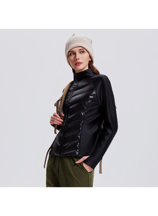 Three-proof Sports Down Jacket For Women, Outdoor Running, Windproof And Warm Fitness Top, Lightweight Slim Fit Stand-up Collar Rib Jacket