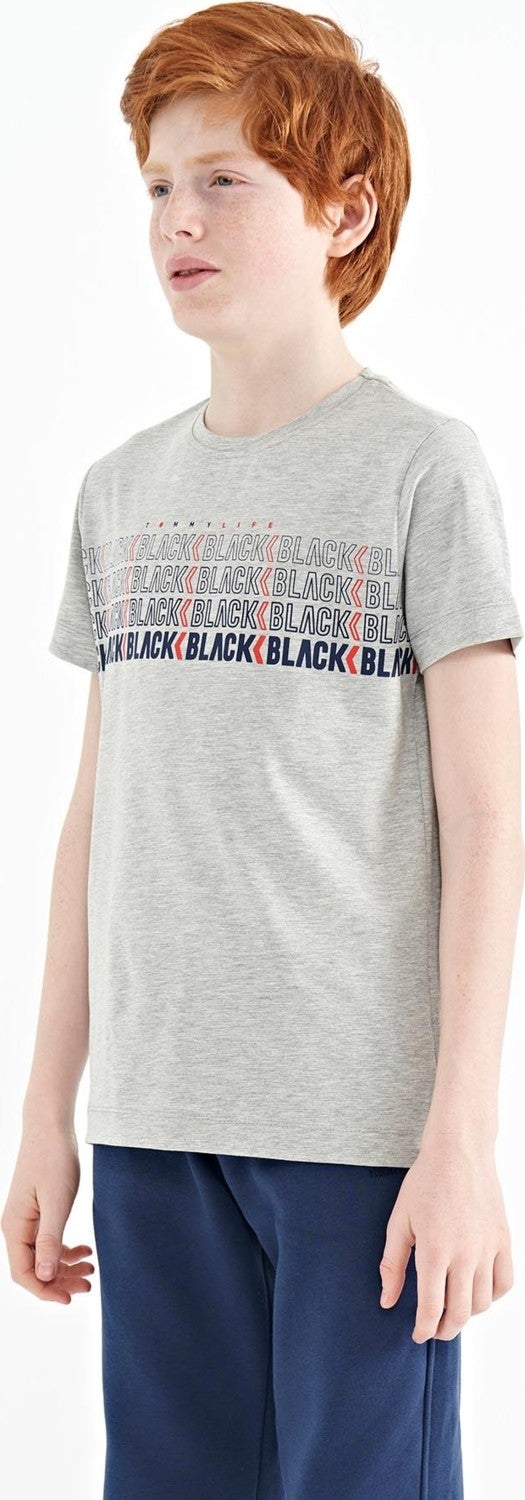 Tommy Life Gray Melange Text Printed O Neck Standard Pattern Boy T-Shirt - 11149 - Image 5