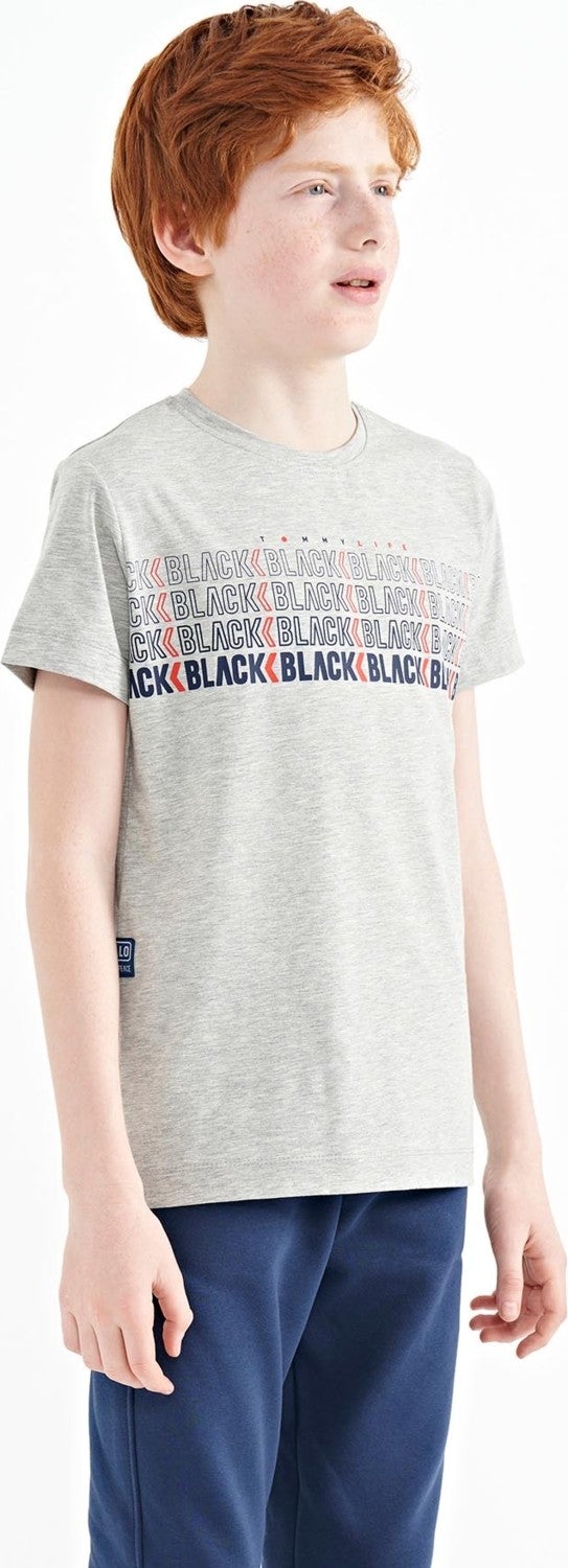 Tommy Life Gray Melange Text Printed O Neck Standard Pattern Boy T-Shirt - 11149 - Image 4
