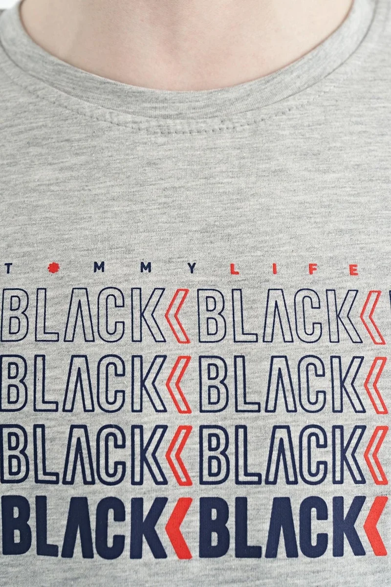 Tommy Life Gray Melange Text Printed O Neck Standard Pattern Boy T-Shirt - 11149
