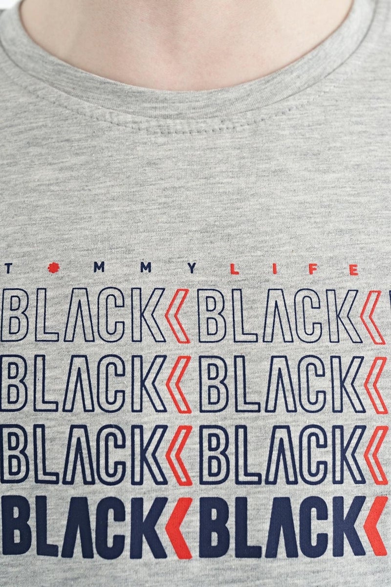 Tommy Life Gray Melange Text Printed O Neck Standard Pattern Boy T-Shirt - 11149 - Image 2
